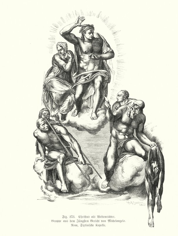Christ le Juge (détail) du Jugement dernier de Michel-Ange, peinture sur le mur de l