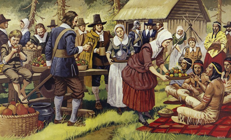 Le premier Thanksgiving en 1621, un an après que les Pères pèlerins eurent quitté le Vieux Monde (lithographie en couleurs) - Mike (20th century) White