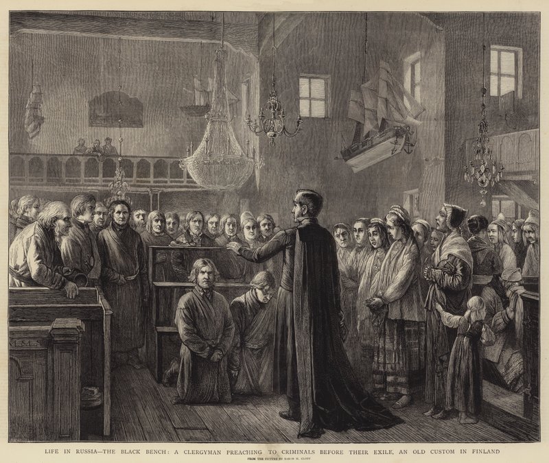 La vie en Russie, le banc noir, un clergyman prêchant aux criminels avant l