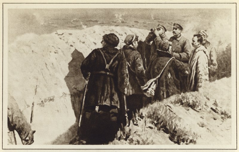 Commandants bolcheviks Joseph Staline et Kliment Vorochilov dans les tranchées de Tsaritsyne, Guerre civile russe, 1918 - Mitrofan Borisovic Grekov
