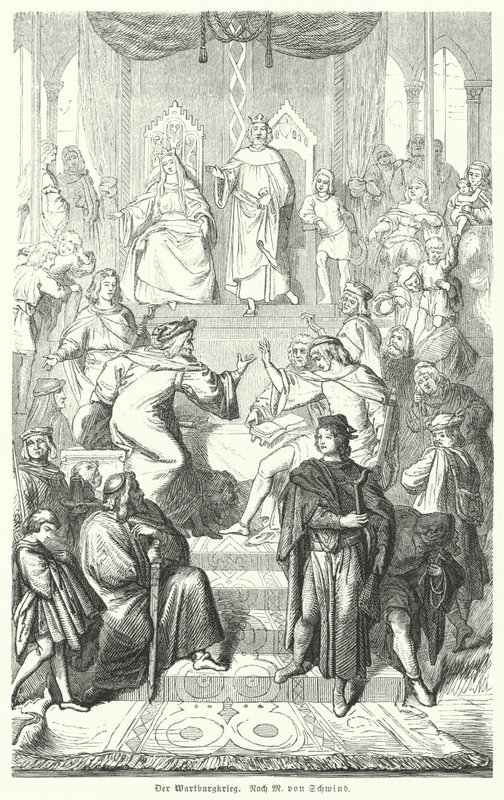 Le Sangerkrieg, un concours entre ménestrels au château de Wartburg en Thuringe en 1207 (gravure) - Moritz Ludwig von (after) Schwind