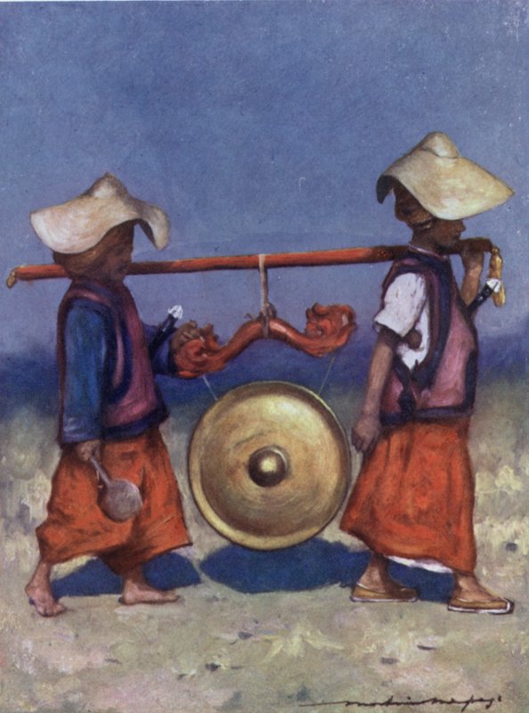 Rétenteurs Shan portant un gong en laiton - Mortimer Ludington Menpes