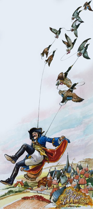 Le baron de Munchausen emporté par des canards (gouache sur papier) - Nadir Quinto