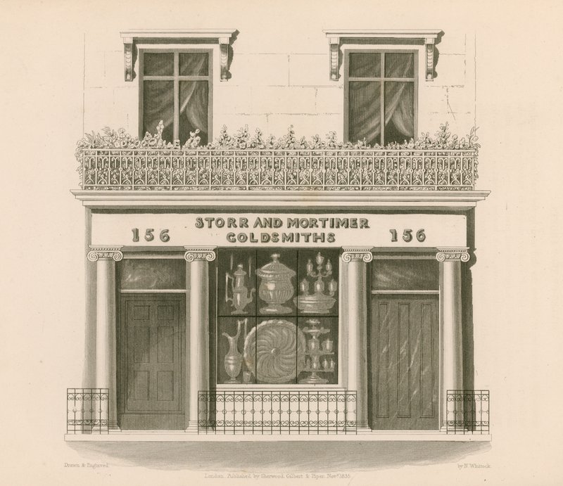Façade de magasin de style ionique de Messieurs Storr et Mortimer, orfèvres et bijoutiers, n° 156, Bond Street, Londres - Nathaniel Whittock