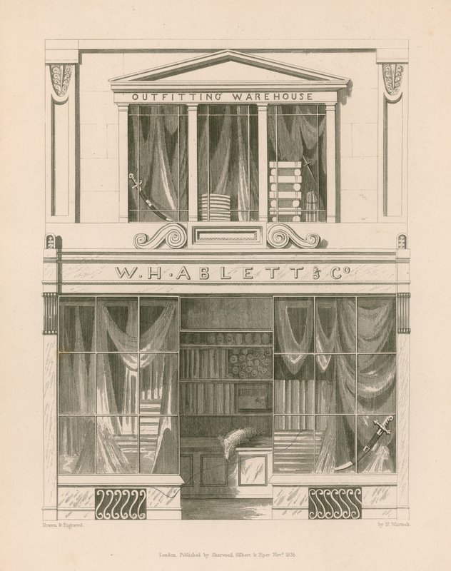 Façade de magasin pour W H Ablett, Outfitting Warehouse, Cornhill, Londres - Nathaniel Whittock
