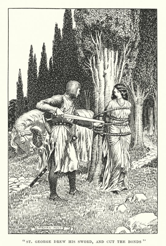 "Saint-Georges tira son épée et coupa les liens" (lithographie) - Norman Ault