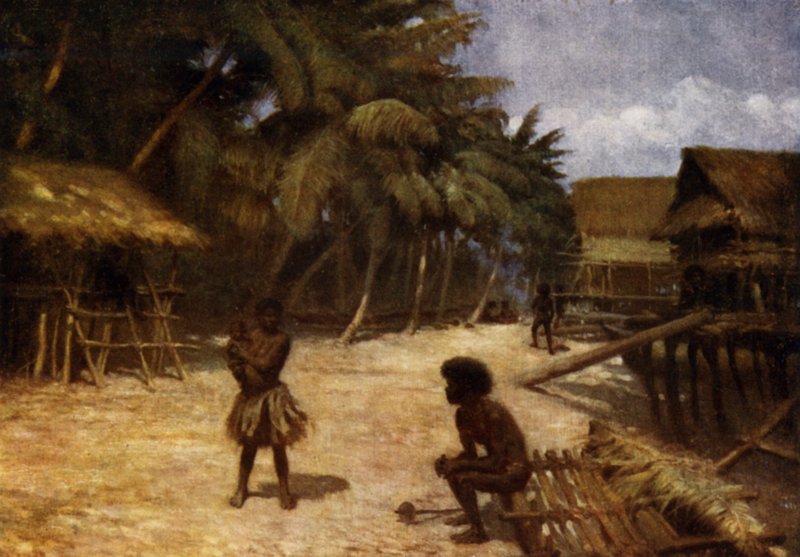 Village Motu, Port Moresby, Nouvelle-Guinée britannique (lithographie en couleur) - Norman Hardy