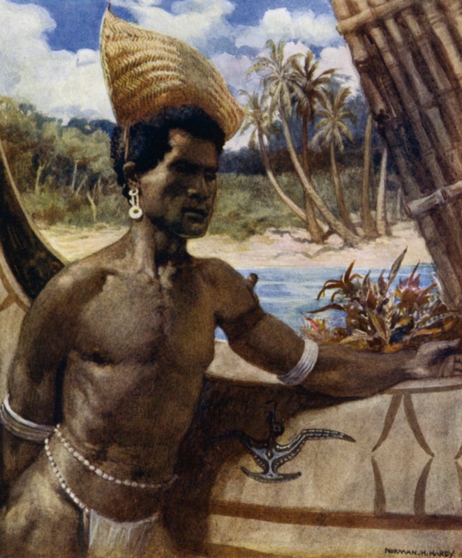 Indigène de Nouvelle-Géorgie portant un parasol ; une sorte de chapeau sans couronne fait de graminées, il peut être porté à n
