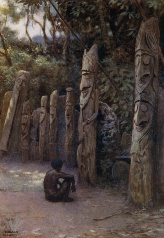 Les pierres "Demits," ou les âmes, avec leurs figures en bois, île de Malekula, Nouvelles-Hébrides (lithographie en couleur) - Norman Hardy