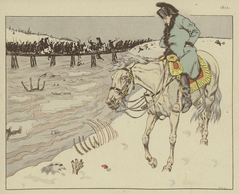 Napoléon regardant les restes de sa Grande Armée traverser la rivière Bérézina lors de la retraite de Moscou, 1812 - Onfray de Breville Job