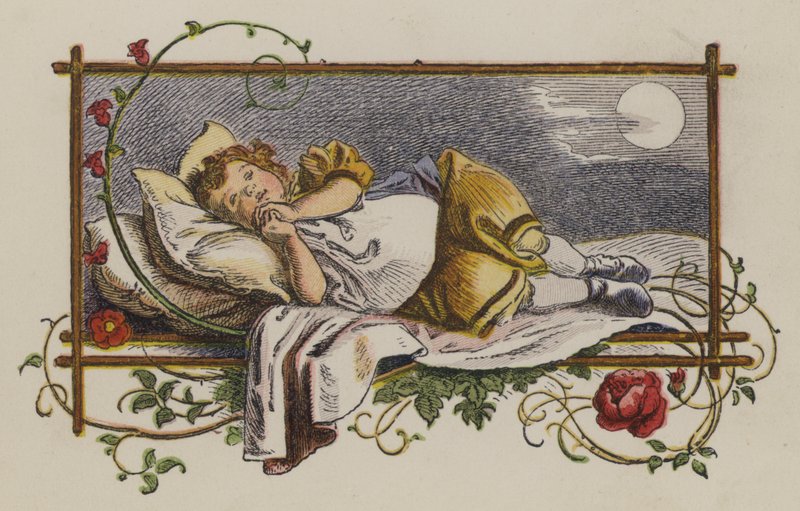 Petite fille endormie dans son lit la nuit (lithographie en couleur) - Oskar Pletsch