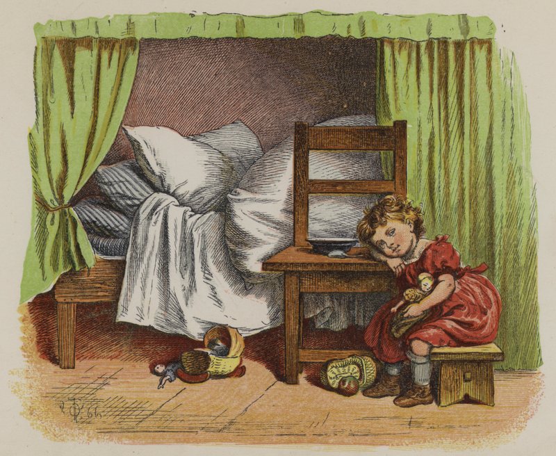 Petite fille assise à côté de son lit (lithographie en couleur) - Oskar Pletsch