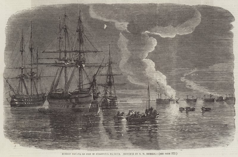 Frégate russe en feu dans le port de Sébastopol - Oswald Walters Brierly