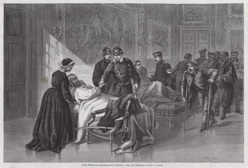 Le roi Guillaume Ier de Prusse rencontrant des soldats blessés au Palais de Versailles, France, Guerre franco-prussienne - Otto Johann Heinrich Heyden