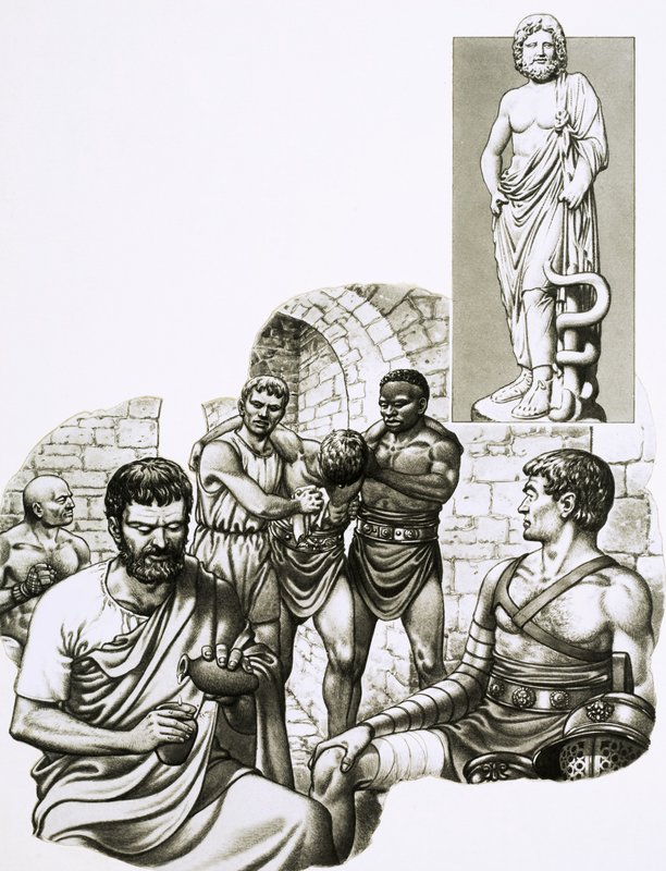 Lors des jeux de gladiateurs, un infirmier soigne les survivants. - Pat (1907-95) Nicolle