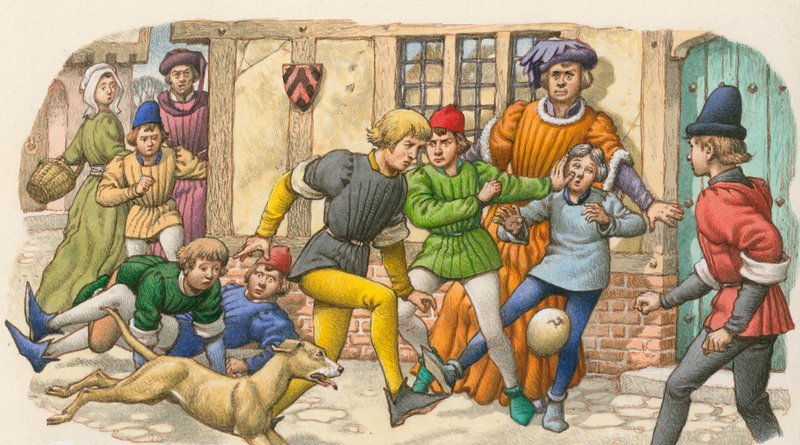 Jeu ressemblant au football au Moyen Age (gouache sur papier) - Pat (1907-95) Nicolle