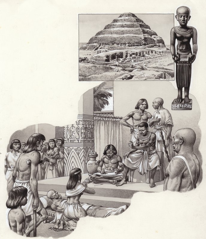 Imhotep "le bon médecin" donnant des conseils à un malade (gouache sur papier) - Pat (1907-95) Nicolle