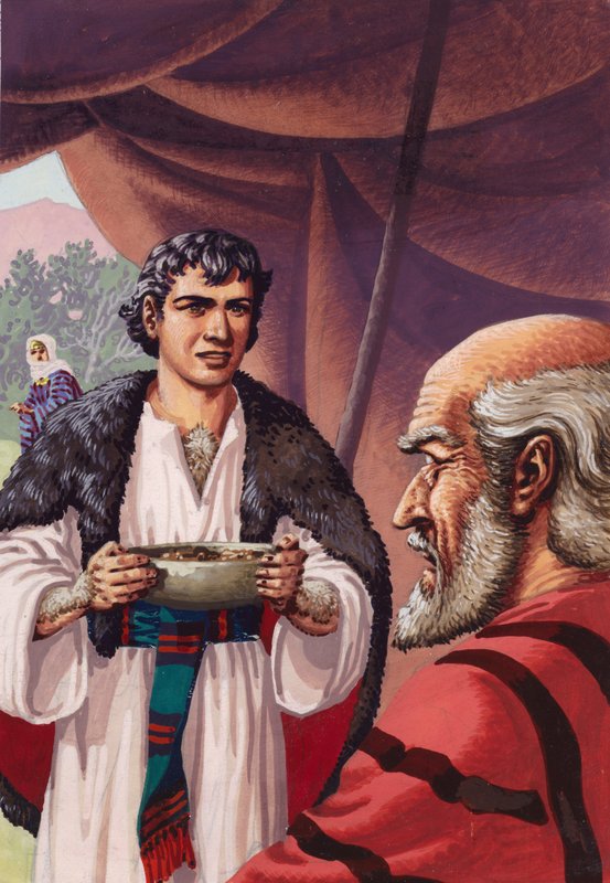 Jacob, déguisé, apportant un plat de viande de cerf chaude à son père Isaac (gouache sur papier) - Pat (1907-95) Nicolle