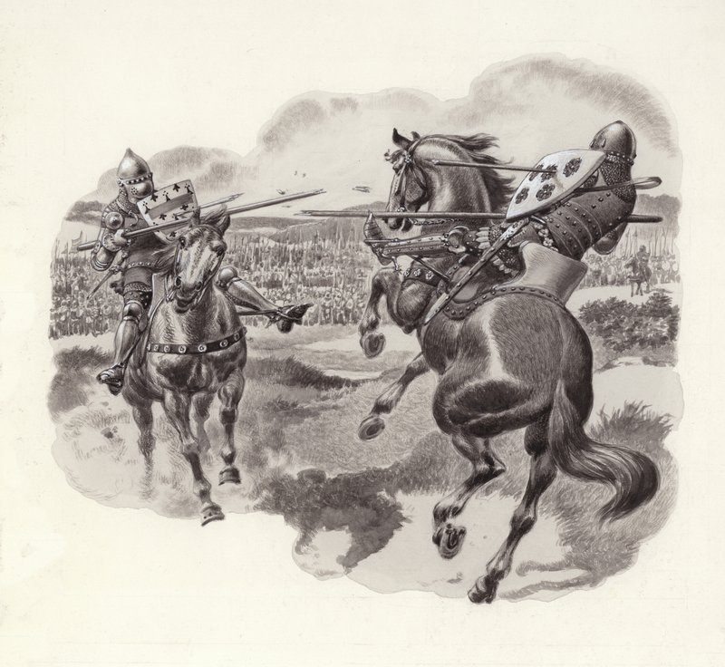 Chevaliers à la bataille de Poitiers (gouache sur papier) - Pat (1907-95) Nicolle