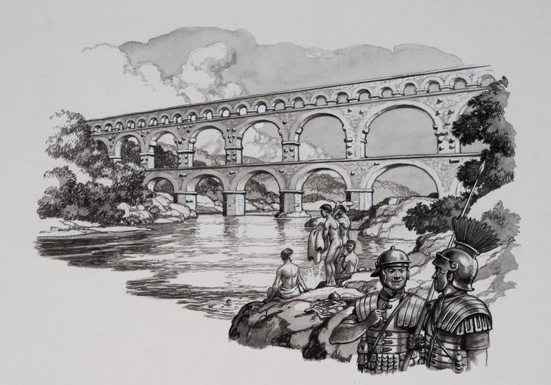 Aqueduc romain (gouache sur papier) - Pat (1907-95) Nicolle
