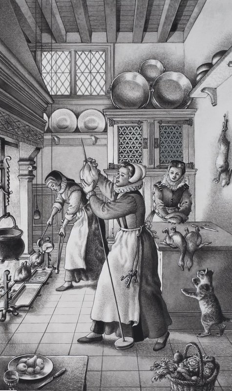 Cuisine du XVIe siècle (gouache sur papier) - Pat (1907-95) Nicolle