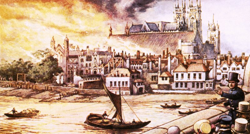 Les anciennes Chambres du Parlement détruites par un incendie en 1834 - Pat (1907-95) Nicolle