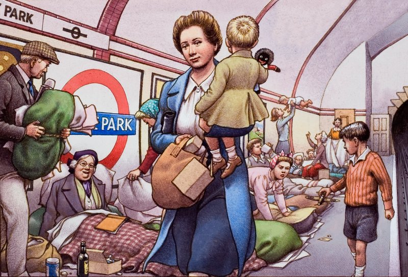 Le métro pendant le Blitz - Pat (1907-95) Nicolle