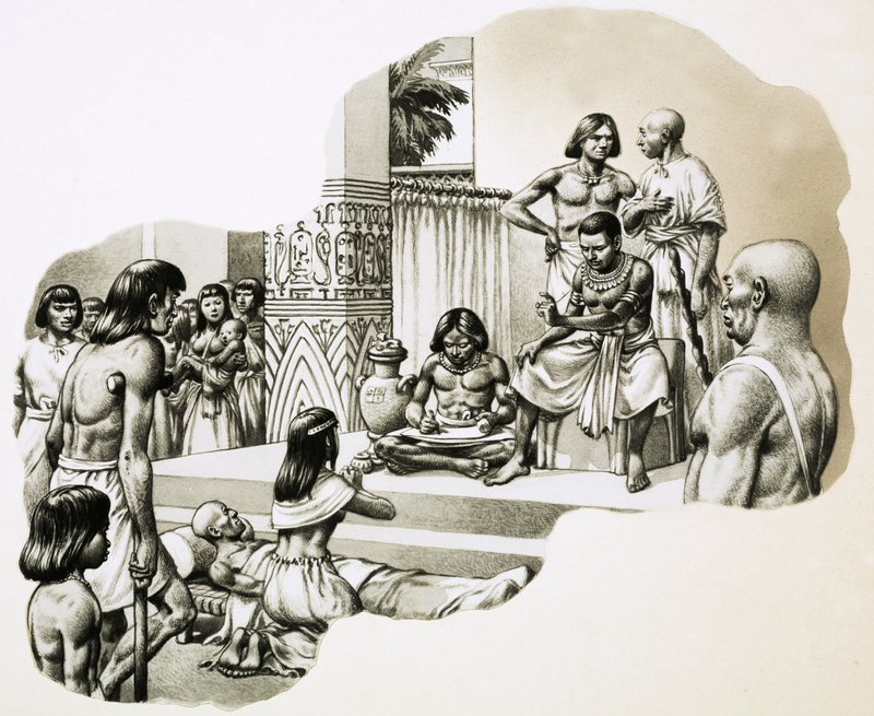 Le "bon médecin" Imhotep donnant des conseils à un malade - Pat (1907 95) Nicolle