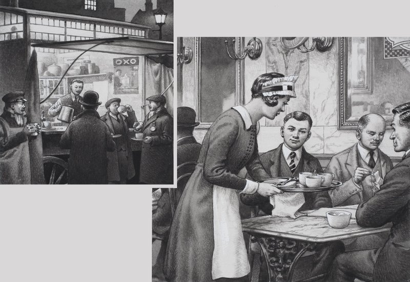 Café et salon de thé édouardien (gouache sur papier) - Pat (1907-95) Nicolle