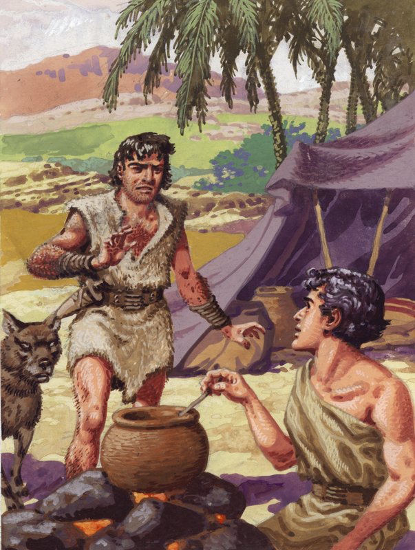 Ésaü demande de la nourriture à son frère Jacob (gouache sur papier) - Pat (1907 95) Nicolle