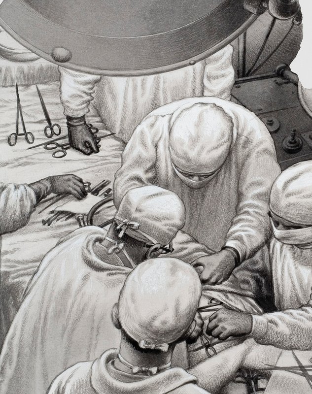 La chirurgie cardiaque, dont les pionniers sont des hommes comme le professeur Christiaan Barnard (gouache sur papier) - Pat (1907 95) Nicolle