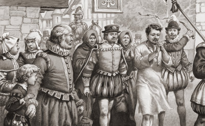 Le roi Henri III de France faisant pénitence en marchant dans les rues de Paris en cilice tout en étant fouetté (gouache sur papier) - Pat (1907 95) Nicolle