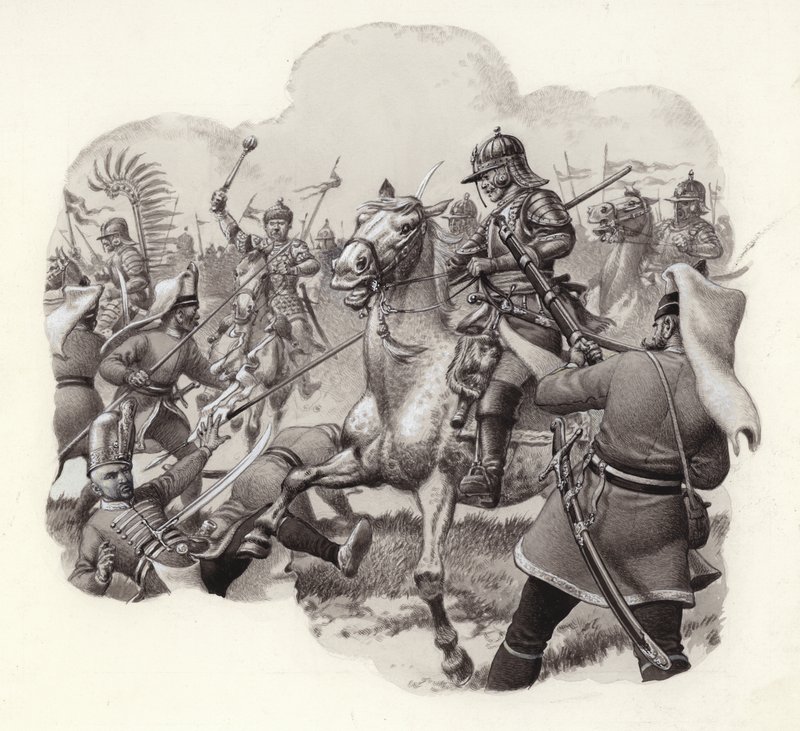 La cavalerie polonaise affronte des régiments de janissaires turcs à Vienne en 1683 (gouache sur papier) - Pat (1907 95) Nicolle