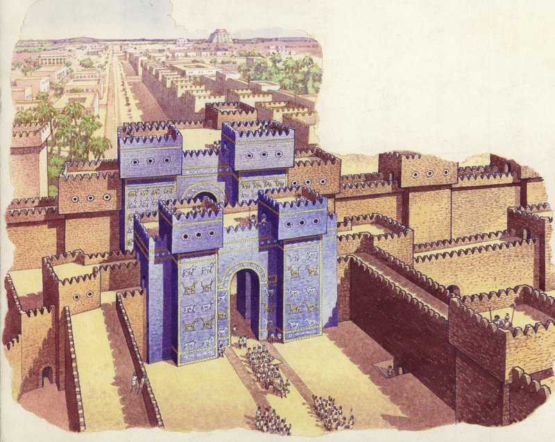 La porte Ishtar de Babylone (gouache sur papier) - Pat (1907 95) Nicolle