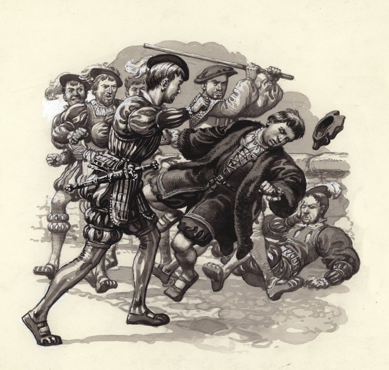 William Herbert attaque un passant innocent à Bristol (gouache sur papier) - Pat (1907-95) Nicolle
