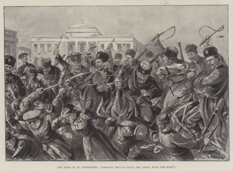 Les émeutes à Saint-Pétersbourg, les cosaques repoussant la foule avec le knout - Paul Frenzeny