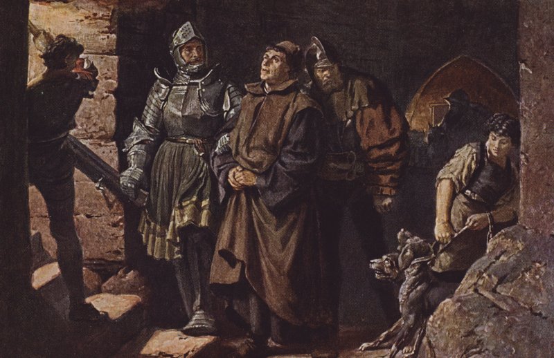 Hans von Berlepsch et Burckhardt Hund von Wenckheim escortent Martin Luther au château de Wartburg - Friedrich Paul Thumann