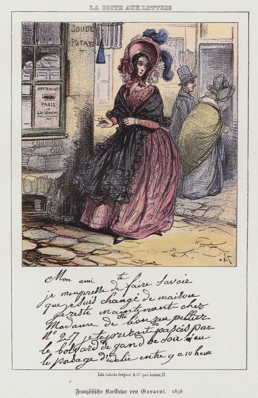 Femme allant poster une lettre, dessin humoristique français - Paul (after) Gavarni
