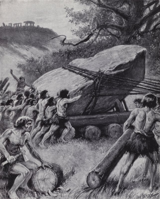Hommes paléolithiques déplaçant une dalle géante sur des roues - Paul (after) Hardy