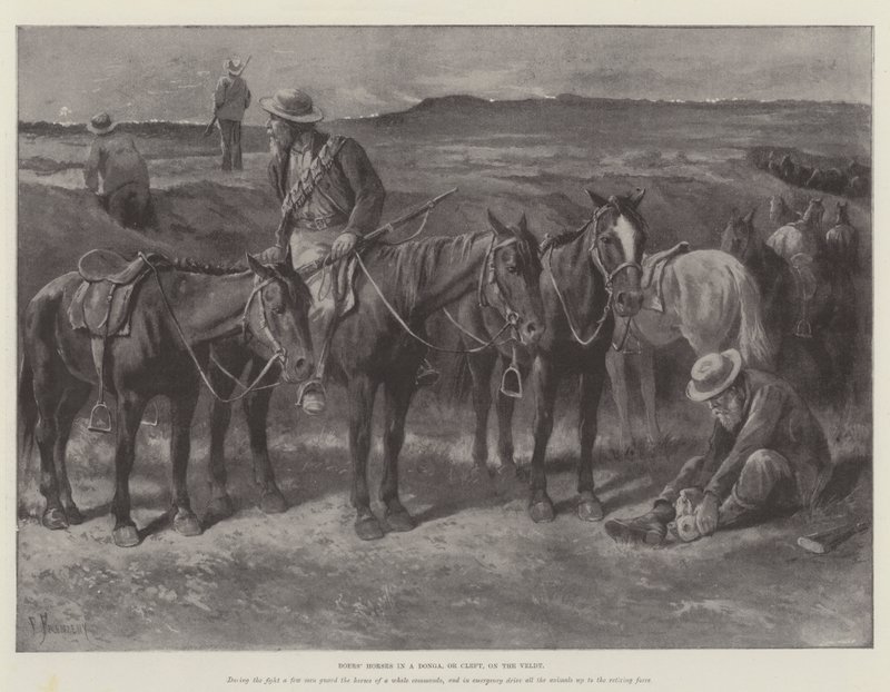 Chevaux boers dans un donga, ou faille, sur le veld - Paul Frenzeny