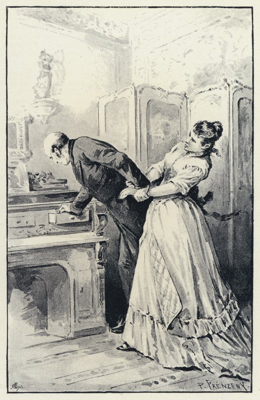 Illustration pour Anna Karénine : Karenine prend possession des lettres de sa femme (lithographie) - Paul Frenzeny