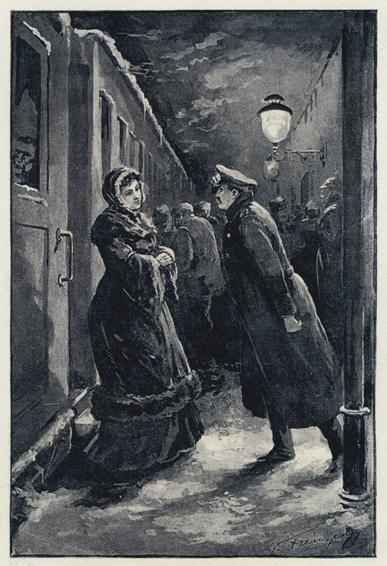 Illustration pour Anna Karénine : Vronsky rencontre Anna à la gare (lithographie) - Paul Frenzeny