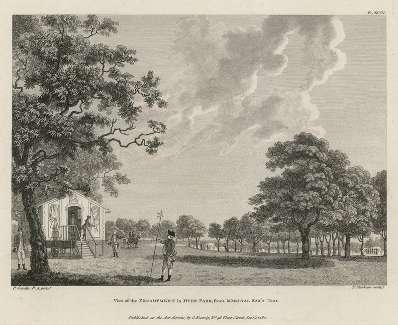 Vue du campement à Hyde Park depuis la tente du maréchal Sax - Paul Sandby