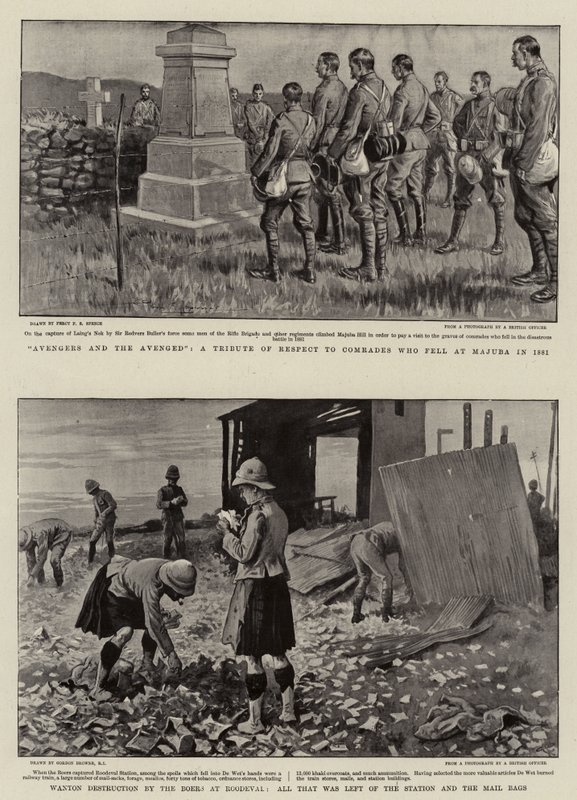Vengeurs et les vengés, un hommage de respect aux camarades tombés à Majuba en 1881, destruction gratuite par les Boers à Roodeval, tout ce qui restait de la station et des sacs postaux - Percy F.S. Spence