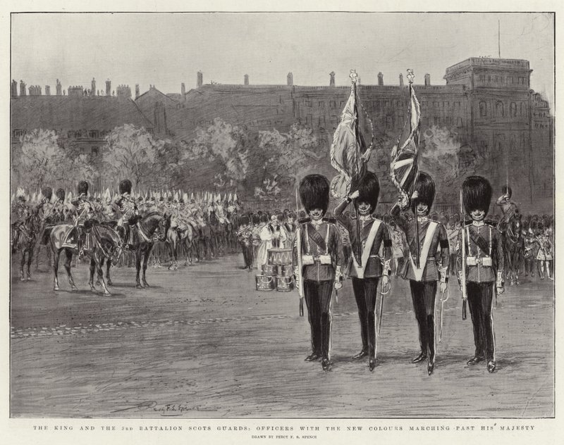Le roi et le 3e bataillon des Scots Guards, les officiers avec les nouvelles couleurs défilant devant Sa Majesté - Percy F.S. Spence