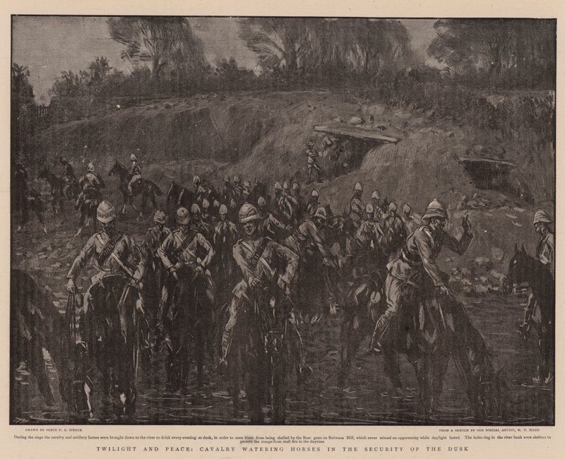 Crépuscule et paix, cavalerie abreuvant les chevaux en toute sécurité au crépuscule - Percy F.S. Spence