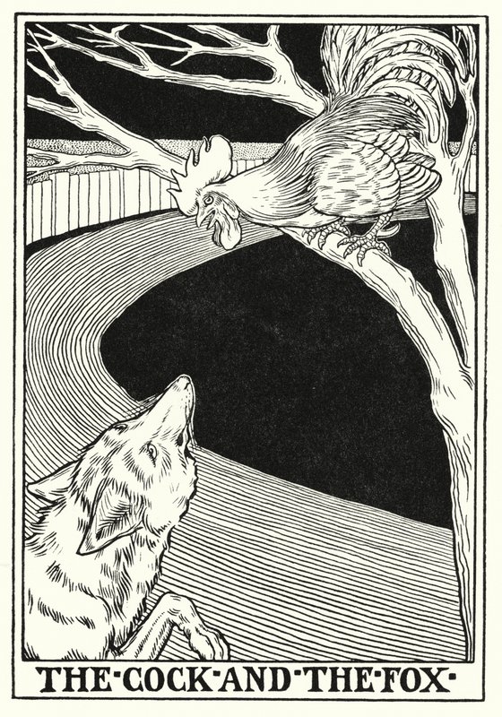 Fables de La Fontaine : Le coq et le renard (lithographie) - Percy James Billinghurst