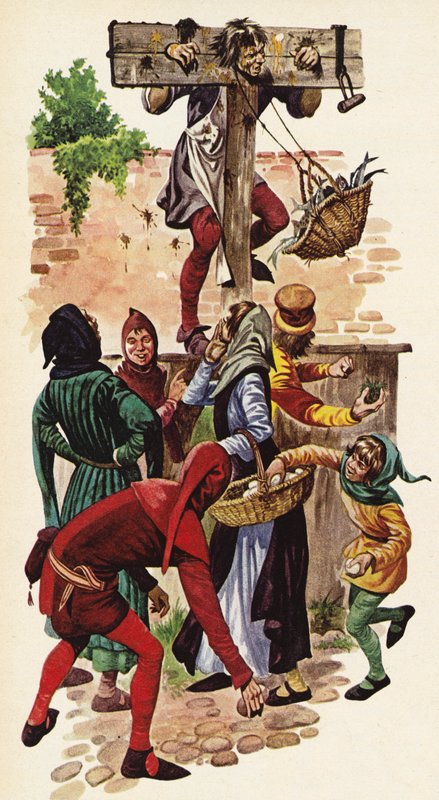 Homme au pilori se faisant bombarder d