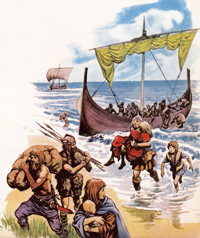 Les Saxons arrivant en Grande-Bretagne dans les longues barques d