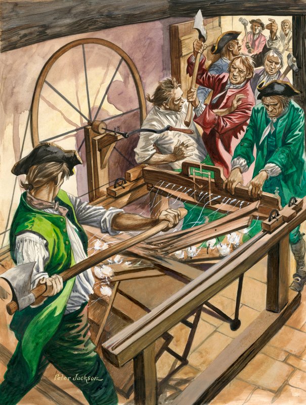 Les ouvriers attaquent la maison de Blackburn de James Hargreaves pour détruire son invention, la Spinning Jenny - Peter Jackson